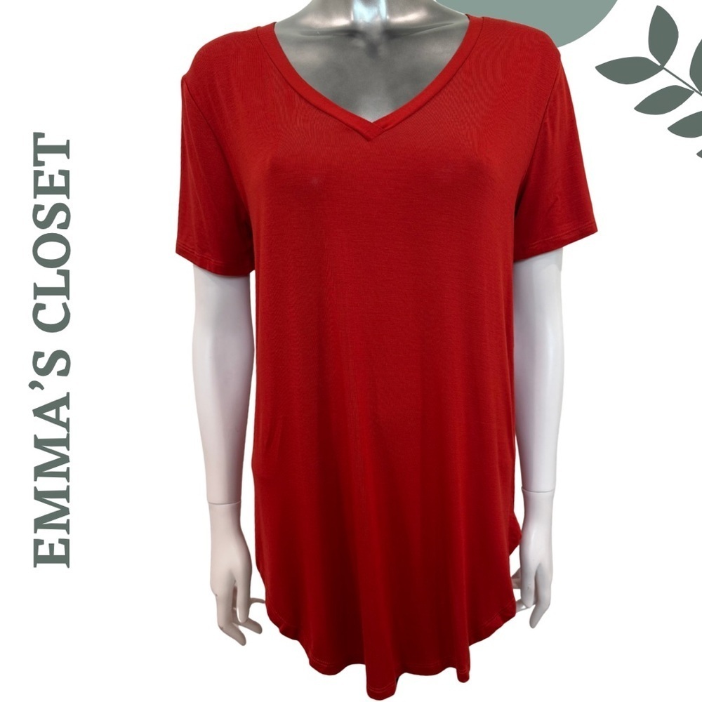 Emma’s Closet Tomato Red V-Neck Tunic T-Shirt Short Sleeve Rayon Blend Small